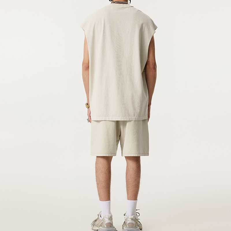 Back View Apricot Wax Wash Raw Edge Sleeveless Tank Short Two Piece Set