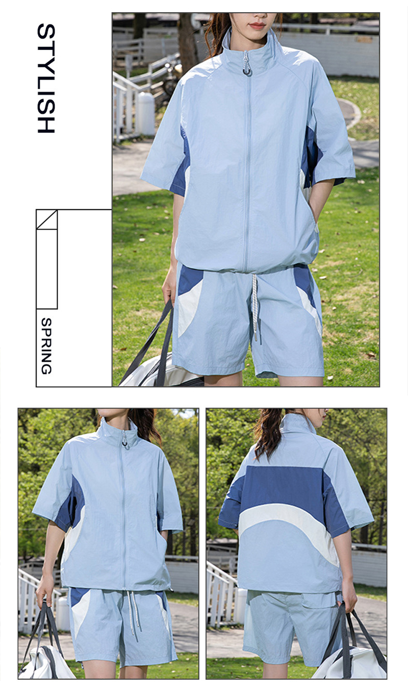 Light Blue Stand Collar Sunscreen Spliced Couple Short Sleeve Shorts Set