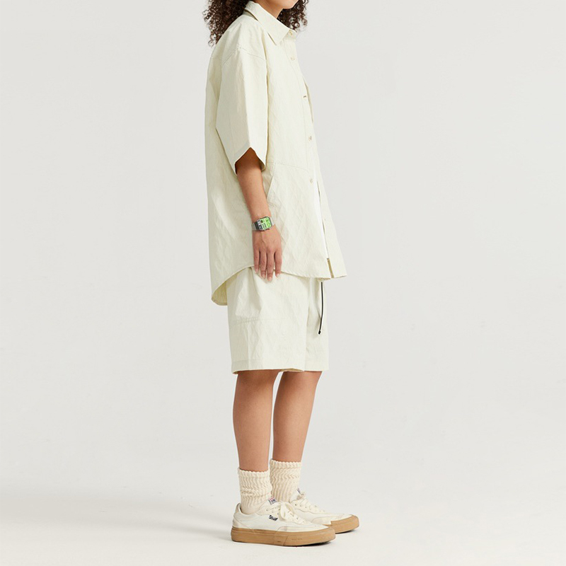 Beige Jacquard Shirt Shorts Set
