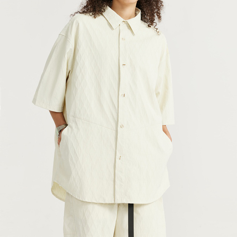 Beige Diamond Jacquard Short Sleeve Shirt