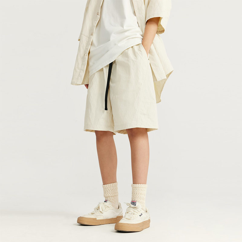 Beige Jacquard Drawstring Shorts