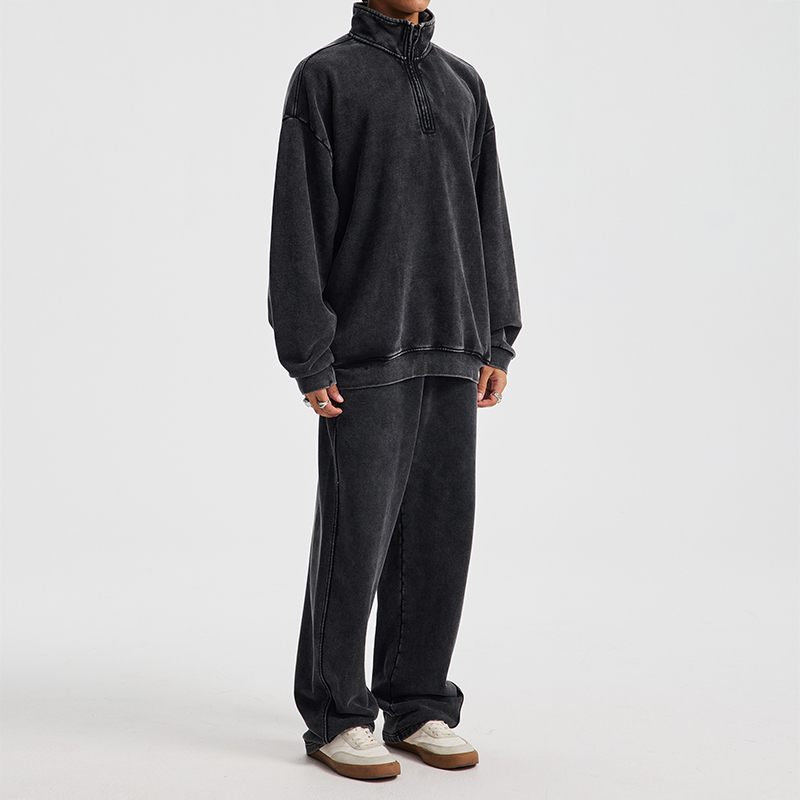 Black Washed Half Zip Terry Tracksuit