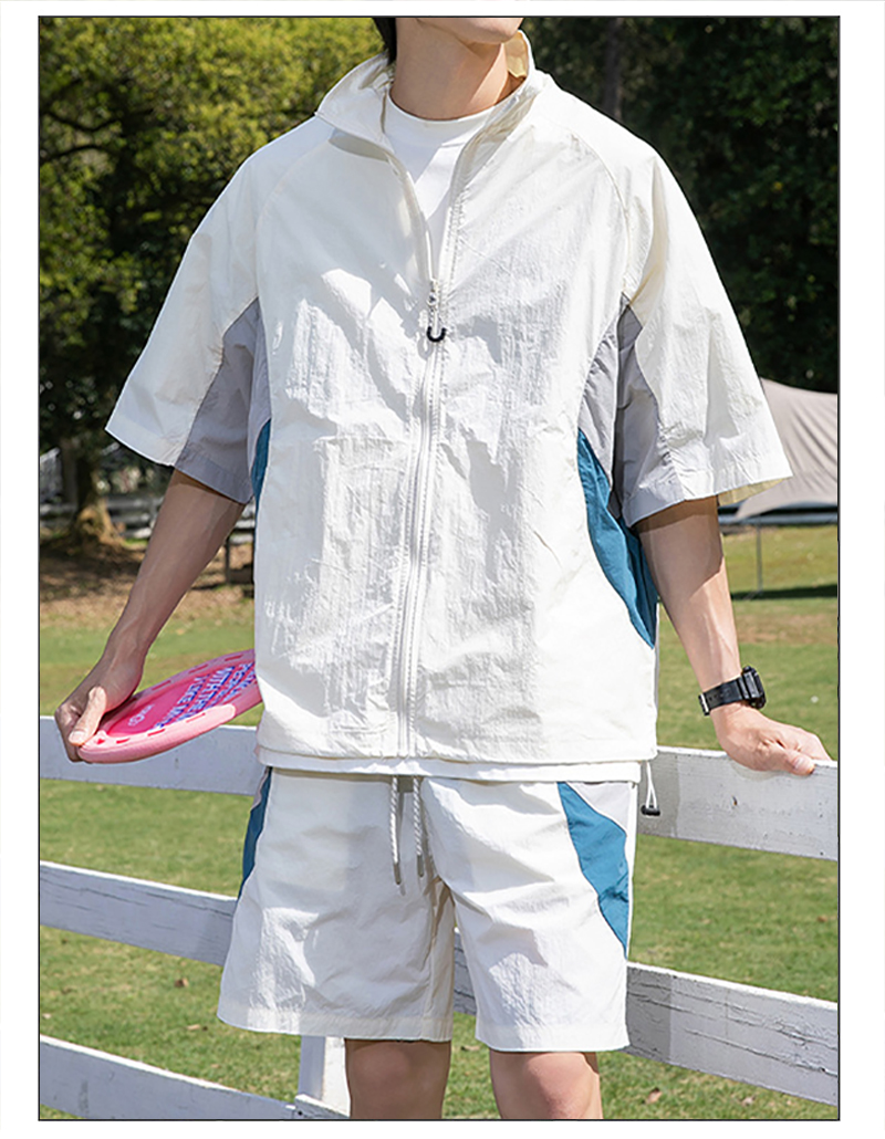 Off White Stand Collar Spliced Sunscreen Couple Set