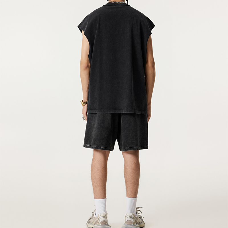 Back View Black Wax Wash Raw Edge Sleeveless Tank Short Two Piece Set