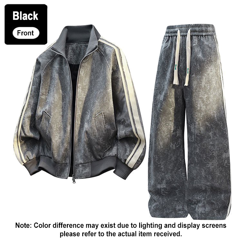 Black Couple 2Pcs Striped Tracksuit Front View