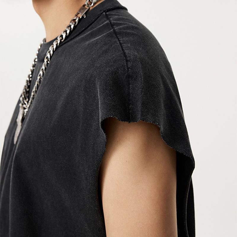 Black Reverse Collar Raw Edge Sleeveless Tank Top Close Up Detail
