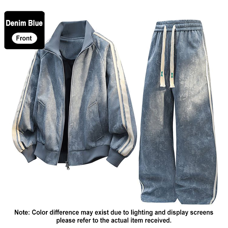 Denim Blue Couple 2Pcs Striped Tracksuit Front View