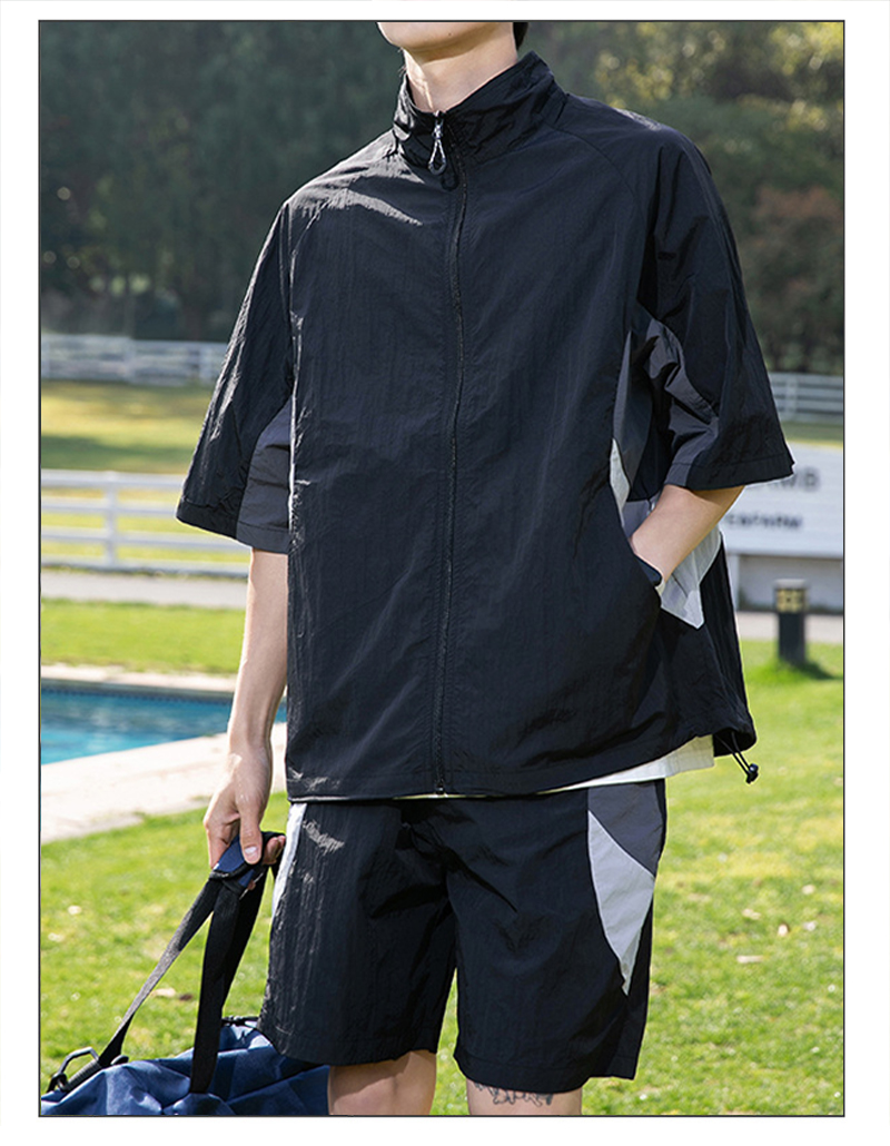 Black Spliced Stand Collar Sunscreen Couple Short Sleeve Set