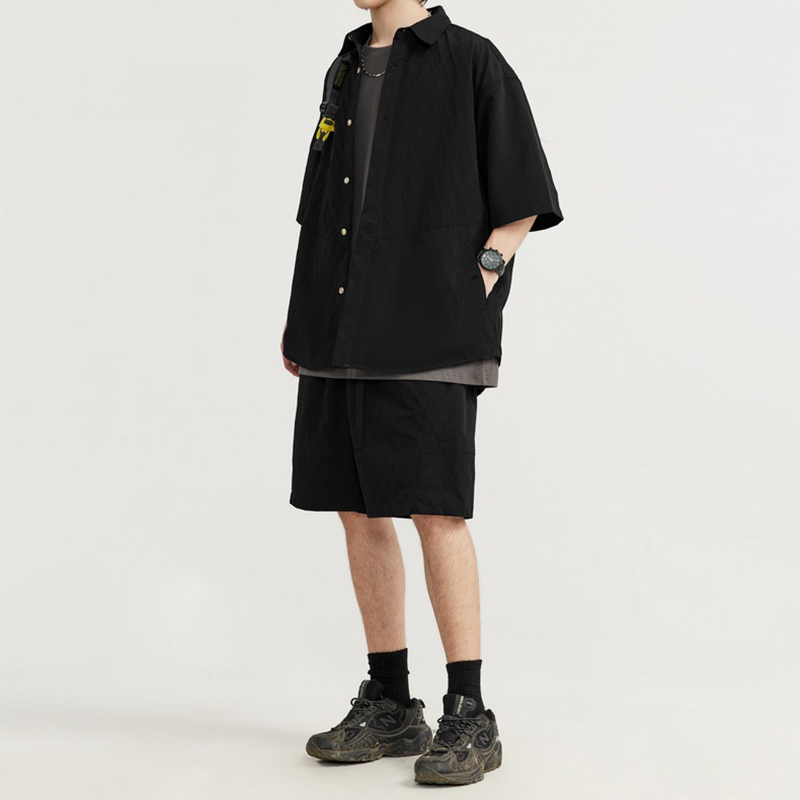 Black Jacquard Shirt Shorts Matching Two Piece Set