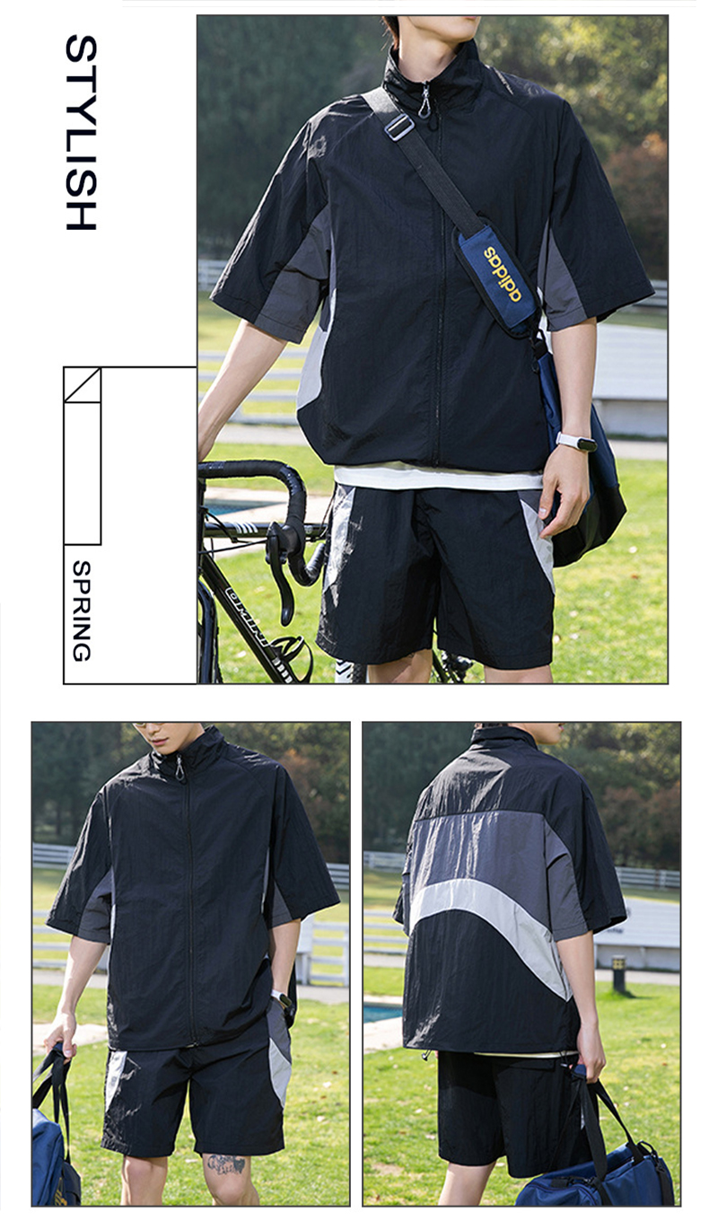 Black Gray White Color Block Stand Collar Sunscreen Couple Suit