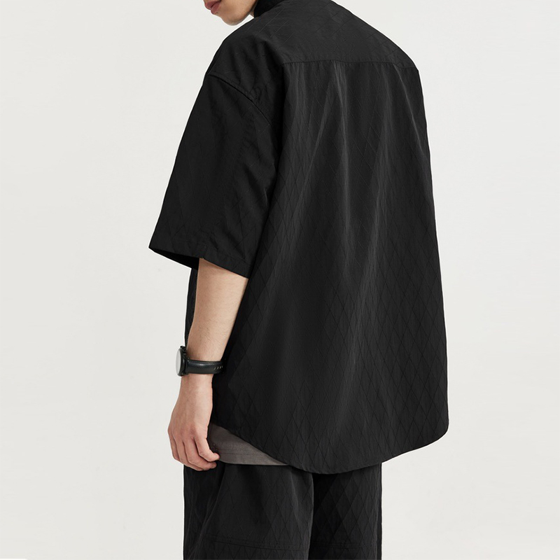 Back View Black Jacquard Oversized Short Sleeve Shirt