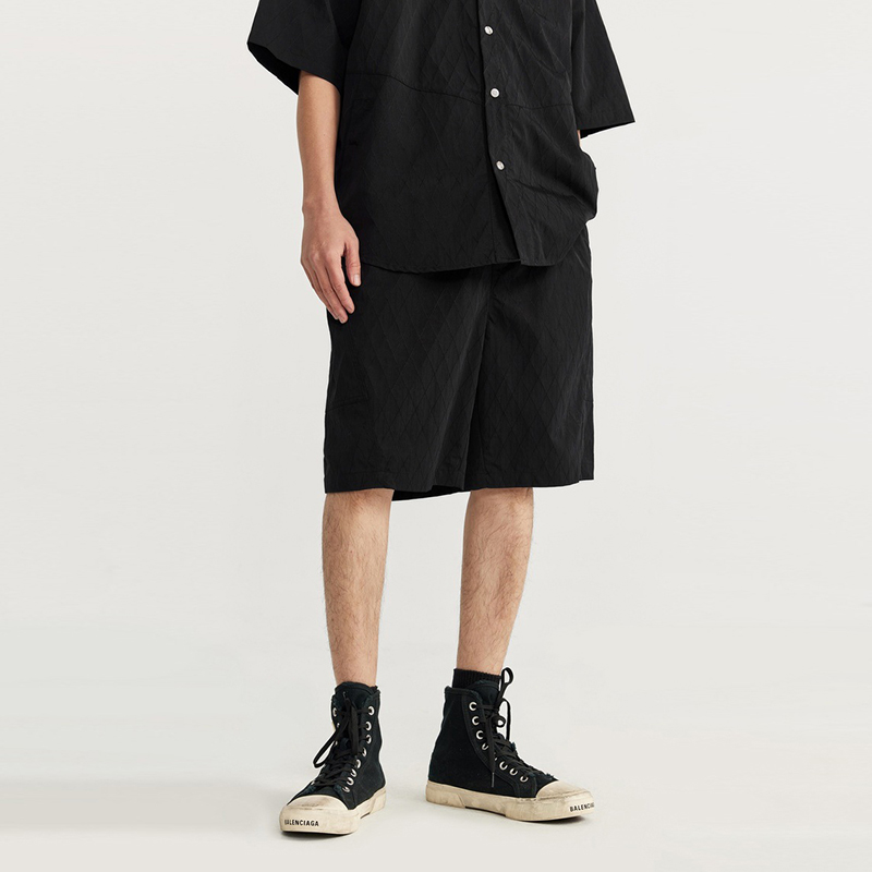 Black Jacquard Drawstring Casual Knee Shorts