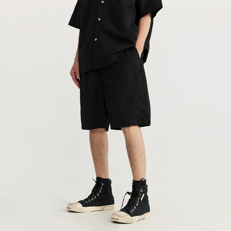 Black Jacquard Drawstring Casual Knee Shorts