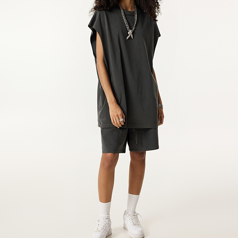 Dark Gray Vintage Wax Wash Raw Edge Sleeveless Tank Short Couple Two Piece Set