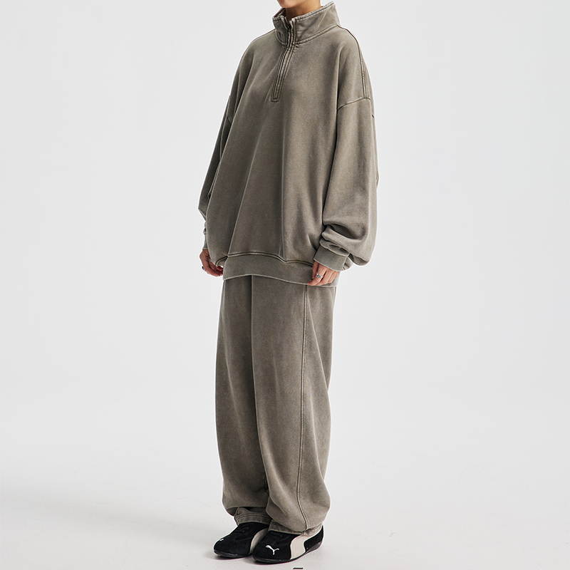 Gray Green Washed Half Zip Terry Tracksuit