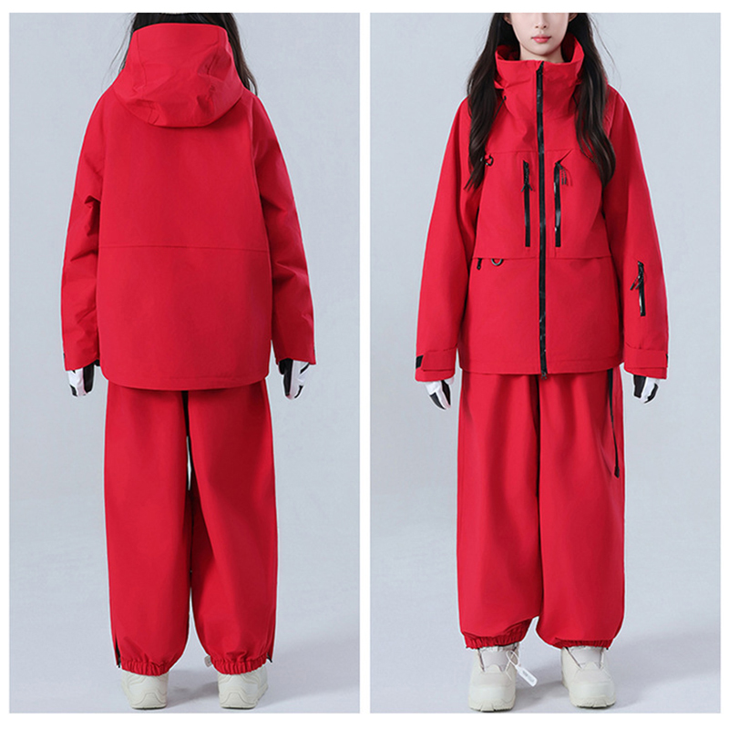 Red Couple Ski Suit Front And Back View