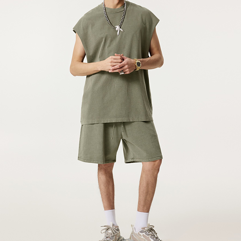 Gray Green Vintage Wax Wash Raw Edge Sleeveless Tank Short Two Piece Set