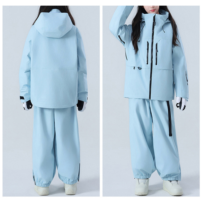 Light Blue Couple Ski Suit Front & Back View