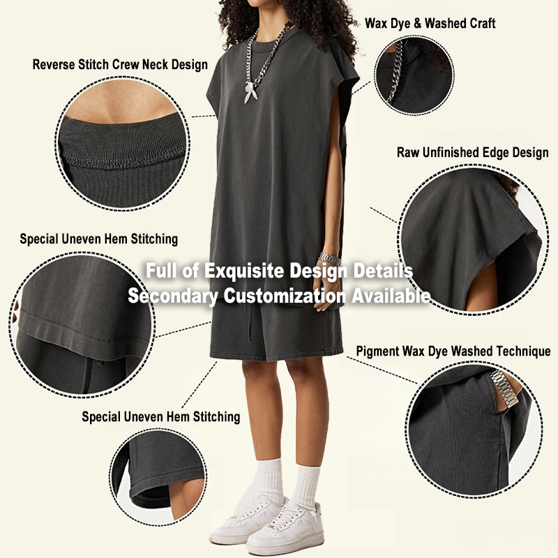 Vintage Wax Wash Raw Edge Reverse Collar Tank Two Piece Set