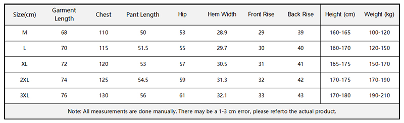 Men Tracksuit Size Chart