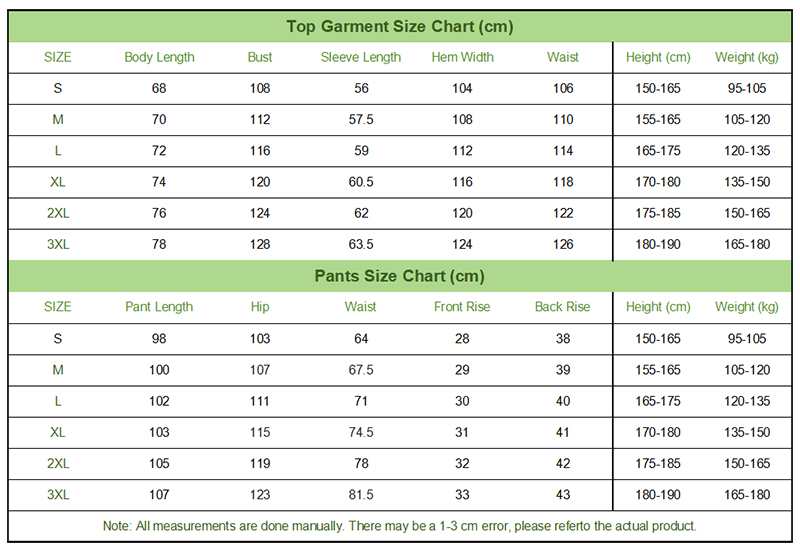Couple Cargo Suit Size Chart Table