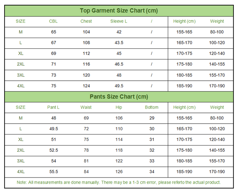 Sports Suit Size Chart Table