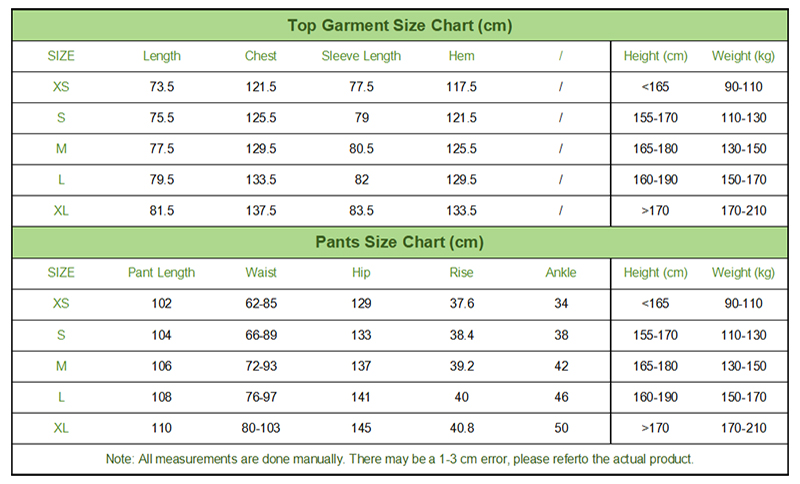 Ski Suit Size Chart Table