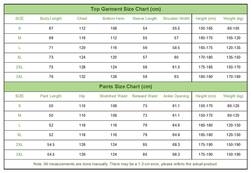 Size Chart for Couple Hooded Sun Protection Suit