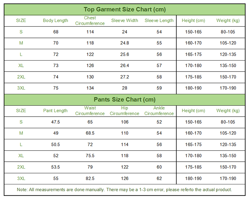 Couple Sun Protection Suit Size Chart