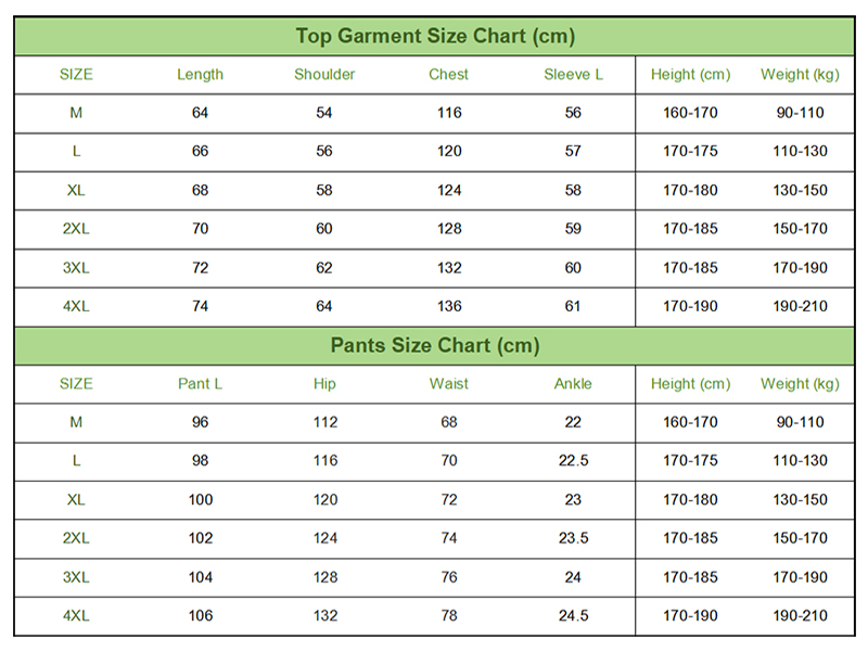 Clothing Size Chart for Knit Tracksuit Set