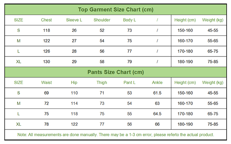 Clothing size chart table